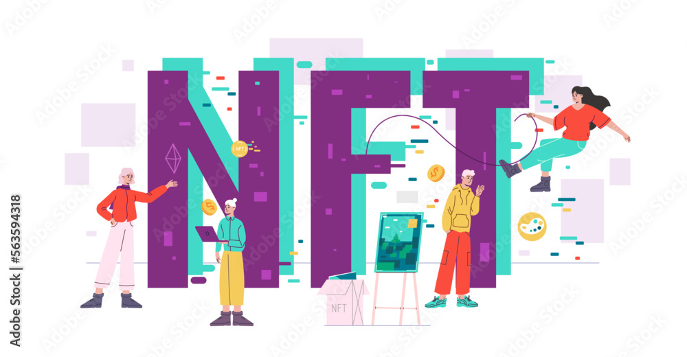 NFT word with tiny art people. Nonfungible token. Artistic innovations. Virtual masterpiece. Digital culture. Online painting gallery. Crypto picture. Finance investment. Vector concept NFT word with tiny art people. Nonfungible token. Artistic innovations. Virtual masterpiece. Digital culture. Online painting gallery. Crypto picture. Finance investment. Vector concept
