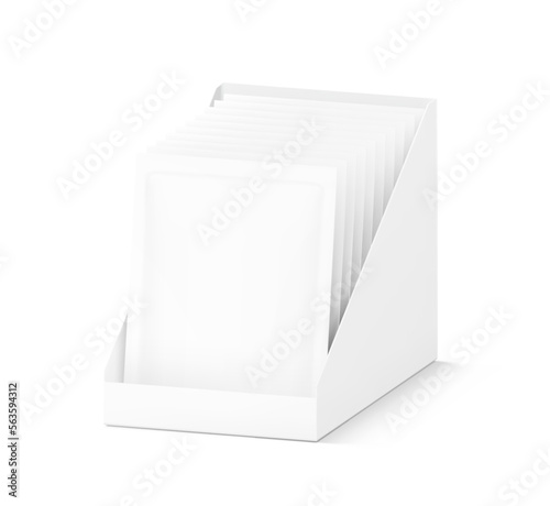 Open show box with pouch bag mockup. Vector illustration on white background. Ready for your design. EPS10.	