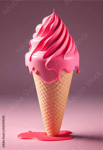 ice cream in a waffle cone with pink syrup on the background, copy space. generative AI