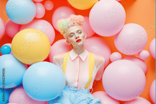 Creative colorful party concept of a young girl in a bunch of helium balloons. Beautiful colorful balls as a symbol of fun and love. Illustration, Generative AI. © Uncanny Valley