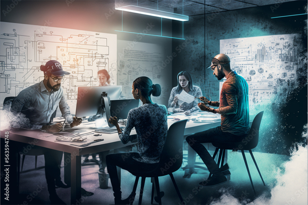 A team of employees collaborating on a project in a high-tech workspace, highlighting a company's commitment to innovation and progress