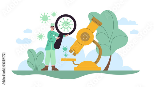 People with magnifying glass. Doctor looks at bacterium through loupe. Scientist studying viruses. Details multiple magnification. Large microscope. Laboratory research. Vector concept