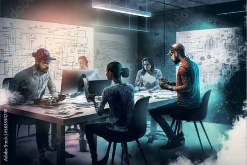 A team of employees collaborating on a project in a high-tech workspace, highlighting a company's commitment to innovation and progress photo