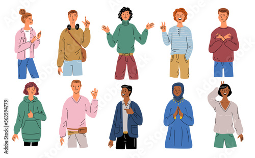 Pointing and gesticulating people. Young cute guys or girls express emotions and desires with arm signs. Body language. Approving or ignoring gesture. Garish vector gesturing persons set