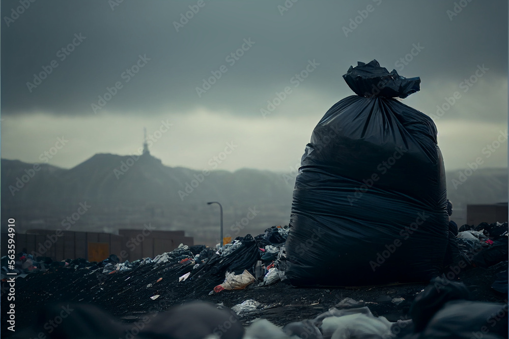 Mountains of garbage and plastic black bags of garbage and machinery in ...