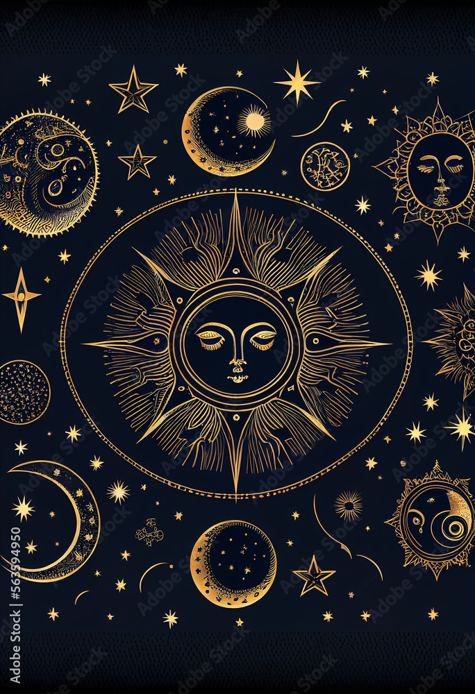 Mystic gold with stars, moon phases, crescents, arrows and copy space on a black background. Ornate shiny magical fantasy tarot card with space for text. generative AI