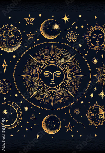 Mystic gold with stars, moon phases, crescents, arrows and copy space on a black background. Ornate shiny magical fantasy tarot card with space for text. generative AI