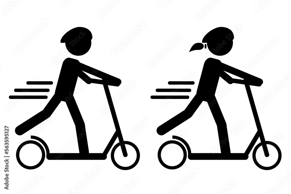 simple set 2 vector, icon stickman woman and man riding scooter manual using safety helmet