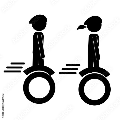 simple set 2 vector, icon stickman woman and man riding electric hoverboard using safety helmet