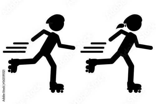 simple set 2 vector, icon stickman woman and man riding inline skate using helmet