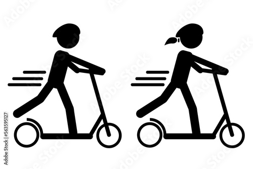 simple set 2 vector, icon stickman woman and man riding scooter manual using safety helmet