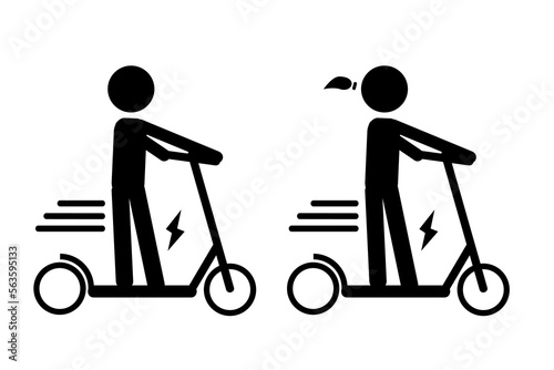 simple set 2 vector, icon stickman woman and man riding scooter manual and electric