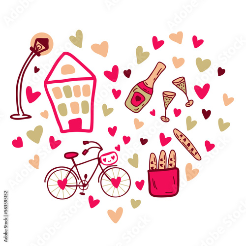 Hand drawn heart-shaped pattern for Valentine Day with champagne and bicycle. Perfect print for T-shirts, stickers, posters, cards. Vector illustration for decor and design.