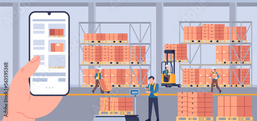 Warehouse with crates and working people. Man controls boxes shipment. Merchandise shipping in storehouse. Freight distribution. Logistics management. Mobile screen. Vector concept