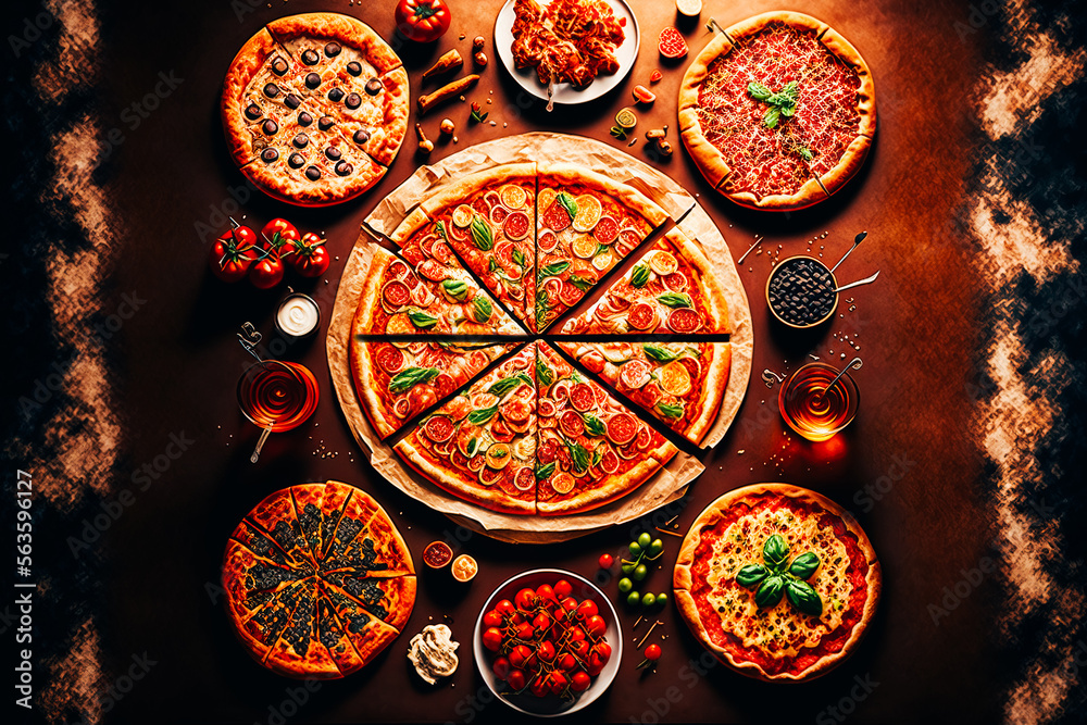 panoramic view of a table filled with different types of pizzas