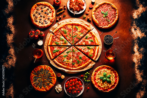panoramic view of a table filled with different types of pizzas