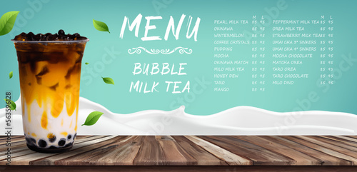 Bubble milk tea, Pearl milk tea , Different sorts of Boba. Yummy drinks. Ads with delicious tapioca. Restaurant cafe menu, template design.