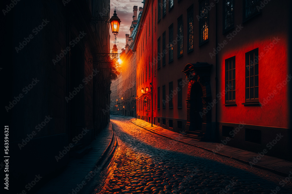 Fototapeta premium A close-up of a narrow cobblestone street in the heart of Stockholm