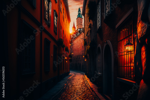 A close-up of a narrow cobblestone street in the heart of Stockholm
