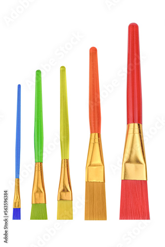 Cutout of an isolated colorful blue, green, orange, red and yellow paintbrushes for artwork with the transparent png
