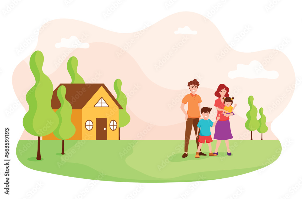 Father,Mother and children standing in front of their home,plenty of green grass and trees, Father,Mother and children standing in front of their home,plenty of green grass and trees,