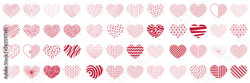 Hearts set. Happy Valentine's Day concept. 48 red hearts painted with a brush and various hatching isolated on white background. Valentine's Vector Illustration