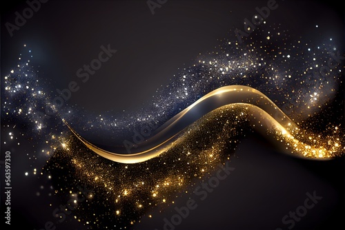 Gold and silver magic elegant glitter light glowing background, generative ai, blue and dark backgound 
