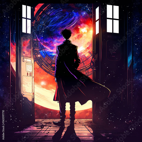 Illustration of a man in a trenchcoat looking at the secret of the cosmos -AI generated art photo