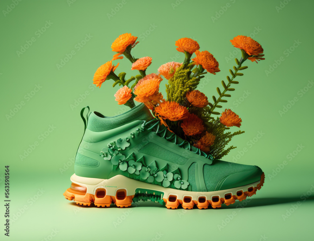 fashion shoes in green colors with flowers created with Generative AI technology