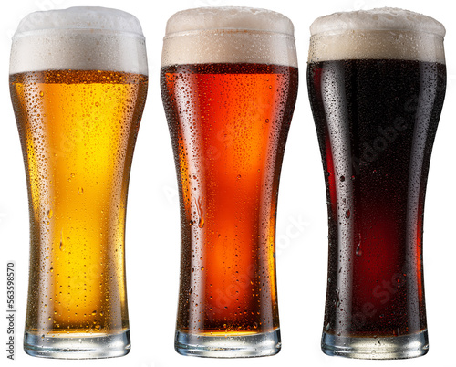Three chilled glasses of different beer . File contains clipping paths.