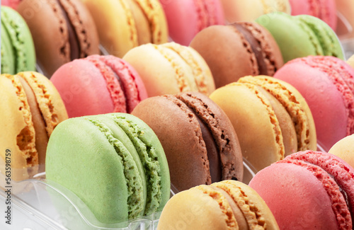 Colorful french macarons close up. Food background.
