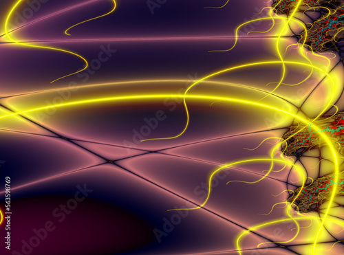 bright abstract pattern of yellow glowing and black lines on a purple background, design