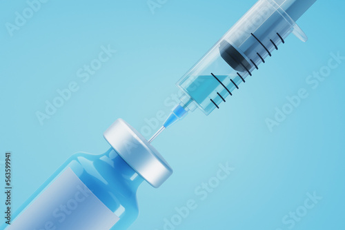 3d rendering creative illustration of vaccine bottle serum injecting to medical dose syringe for corona virus recovery photo