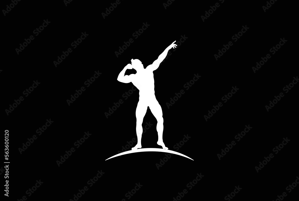 Posing bodybuilder, badge, emblem. Against a dark background. gym and fitness logo.