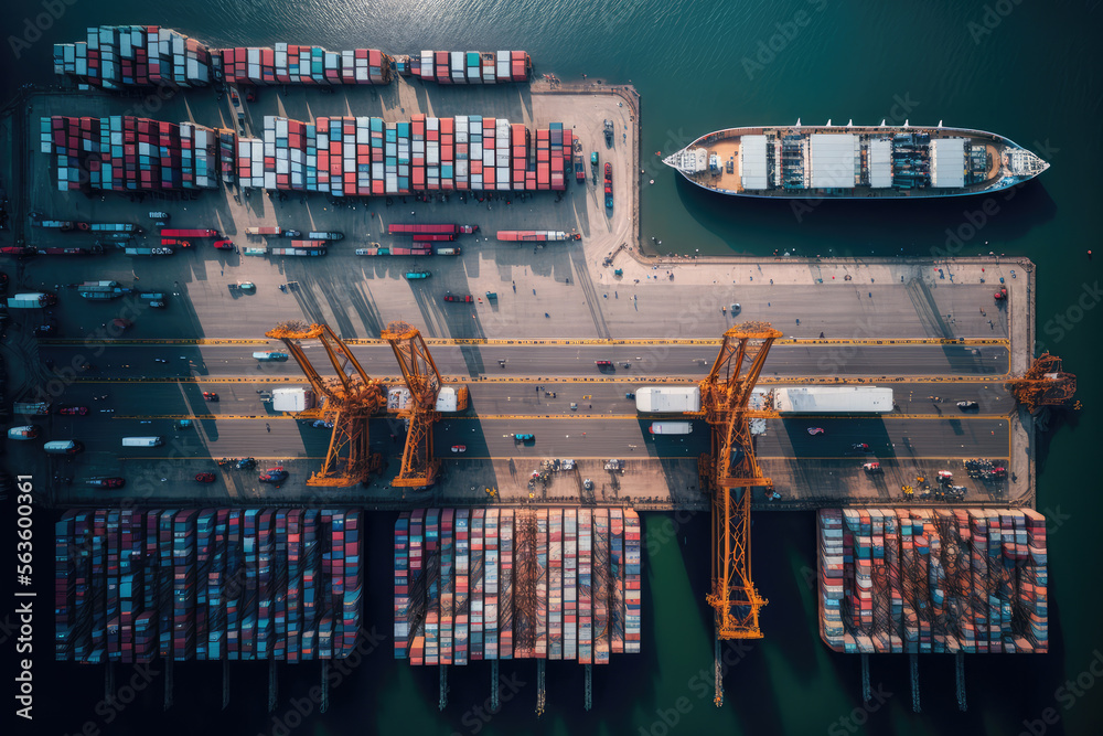 Overhead view of a busy cargo port with ships and cranes, containers ...