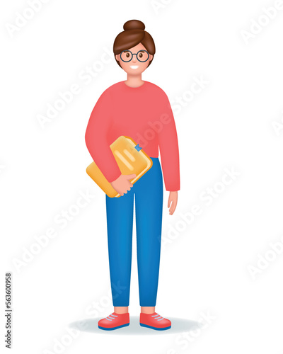 Smiling Young woman with book. Education, studying, learning, knowledge, examination concept. 3d Realistic cartoon character vector illustration isolated on white background.