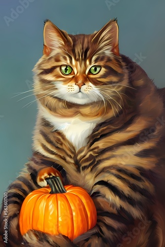 cute chubby cat standing and carrying a pumpkin - Generative AI