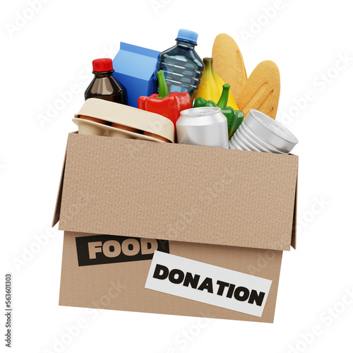 food donation box with groceries product isolated. 3d illustration food drive donation box PNG file