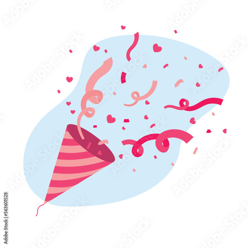 Party hat with a pink confetti. Celebratory clapperboard explosion. Flat vector illustration