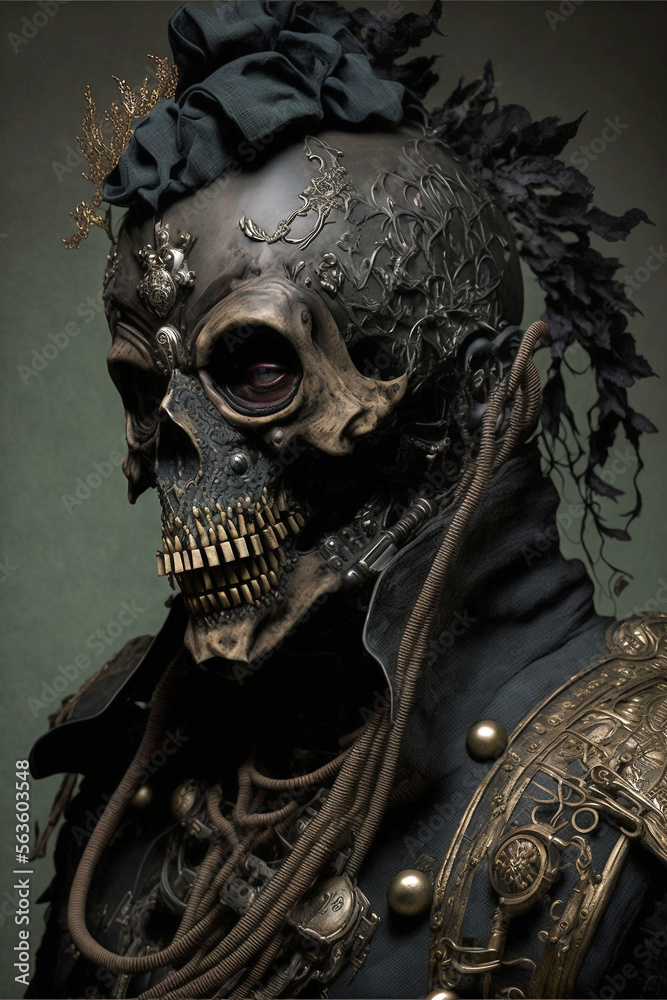 dark morbid spirit wearing skull steampunk mask - generative AI dark morbid spirit wearing skull steampunk mask - generative AI