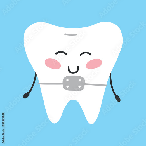 Happy tooth with braces in kawaii style. Vector illustration. Cartoon style. Tooth character.