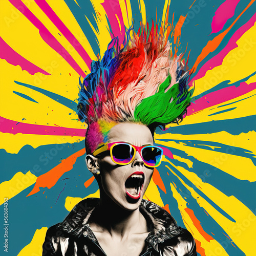 Fusion of contemporary art, Pop art background, colorful colors, collage portrait of a modern hipster, punk girl with a vivid color hairstyle, celebration and party. Illustration. Generative AI. photo