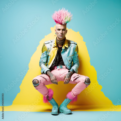 Colorful portrait of a modern hipster, punk boy with a vivid color hairstyle, eccentric man who expresses musical style through styling, celebration and party. Illustration. Generative AI.