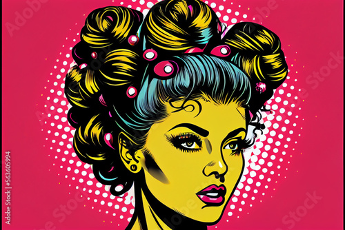 Sexy Pin-up Frau mit Lockenwickler. Bunter Hintergrund in Pop-Art Retro-Comic-Stil - Generative Ai 