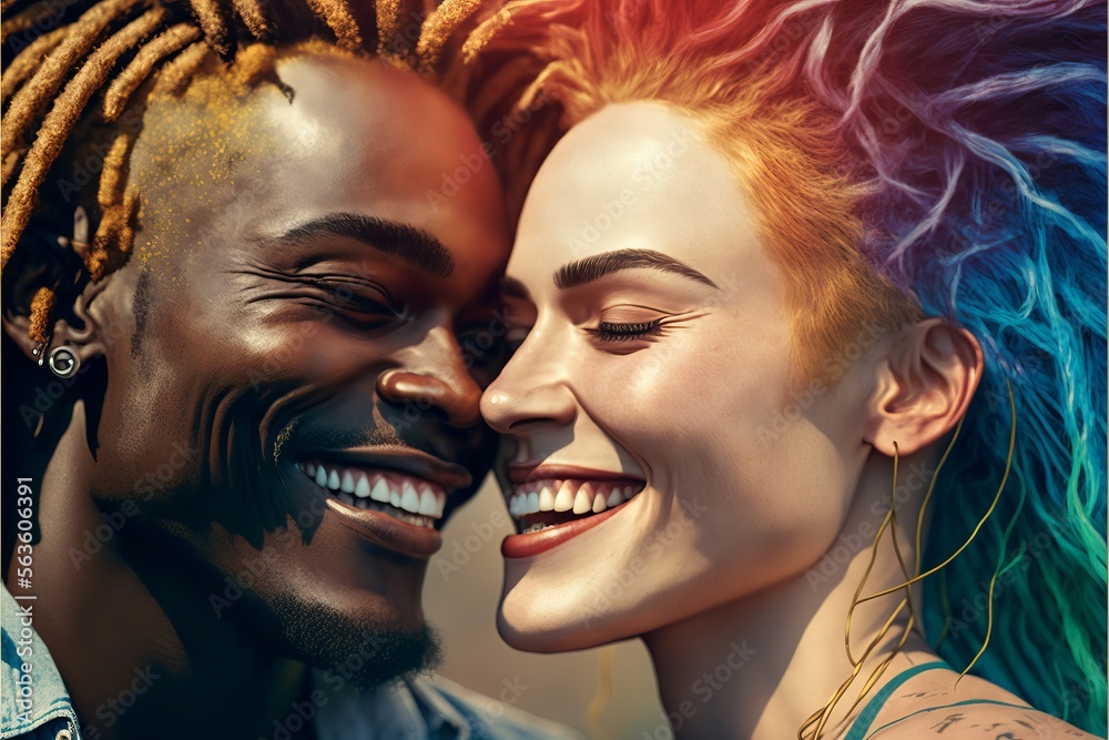 Young aged black and white couple deep in love and laughing. Have a romantic time. Beautiful sunlight. Generative AI Young aged black and white couple deep in love and laughing. Have a romantic time. Beautiful sunlight. Generative AI