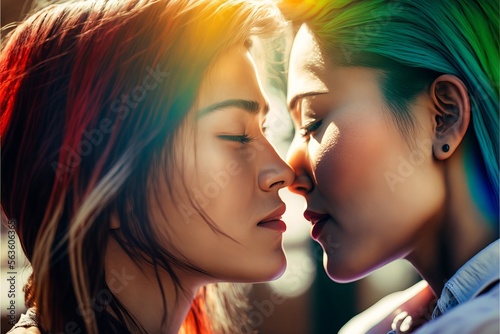 Young aged asian lesbian couple deep in love and intimate moment. Have a romantic time. Beautiful sunlight. Generative AI