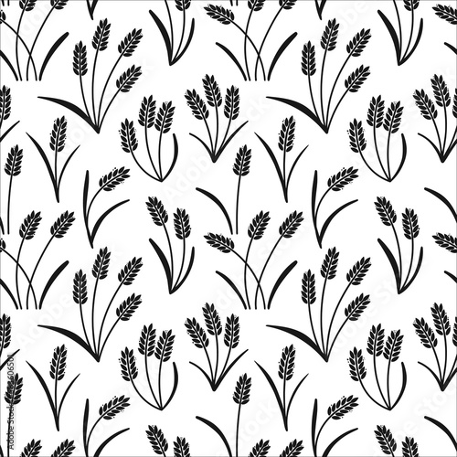 Wheat ears seamless pattern. Barley or rice black silhouette, beer or bakery background, organic farm backdrop, bread packaging. Decor textile, wrapping paper, wallpaper design. Vector print or fabric