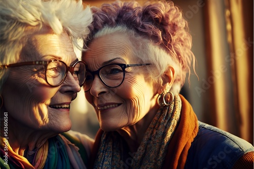 Old aged lesbian couple deep in love and smiling. Have a romantic time. Beautiful sunlight. Generative AI