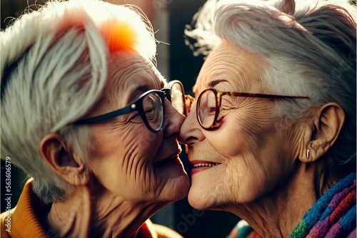 Old aged lesbian couple deep in love and intimate moment. Have a romantic time. Beautiful sunlight. Generative AI