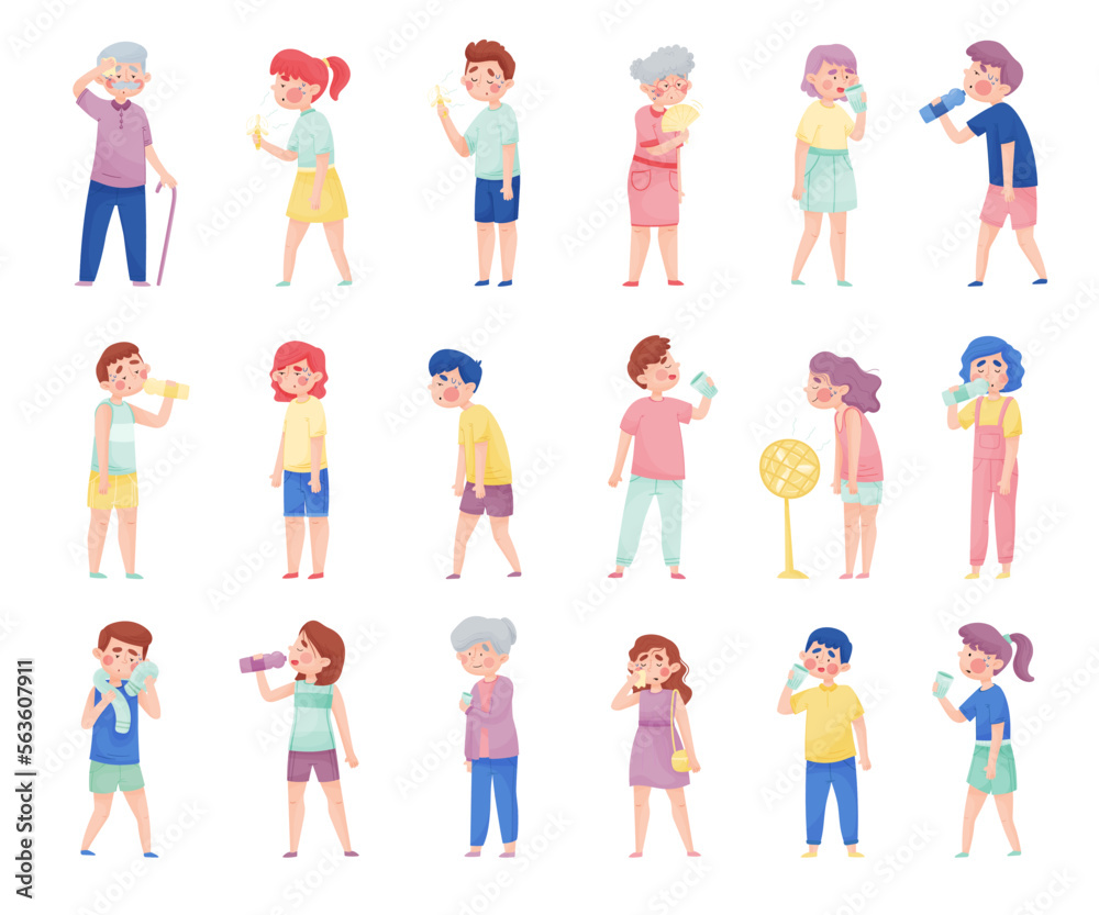 People Characters Sweating and Drinking Pure Still Water from Glass and Bottle Big Vector Set